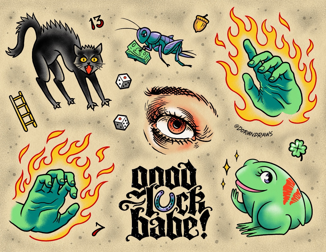 Lucky Friday the 13th tattoo flash designs