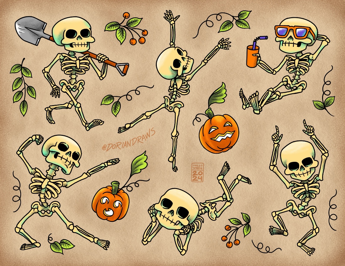 Skeleton tattoo flash designs. Spooky and cute!