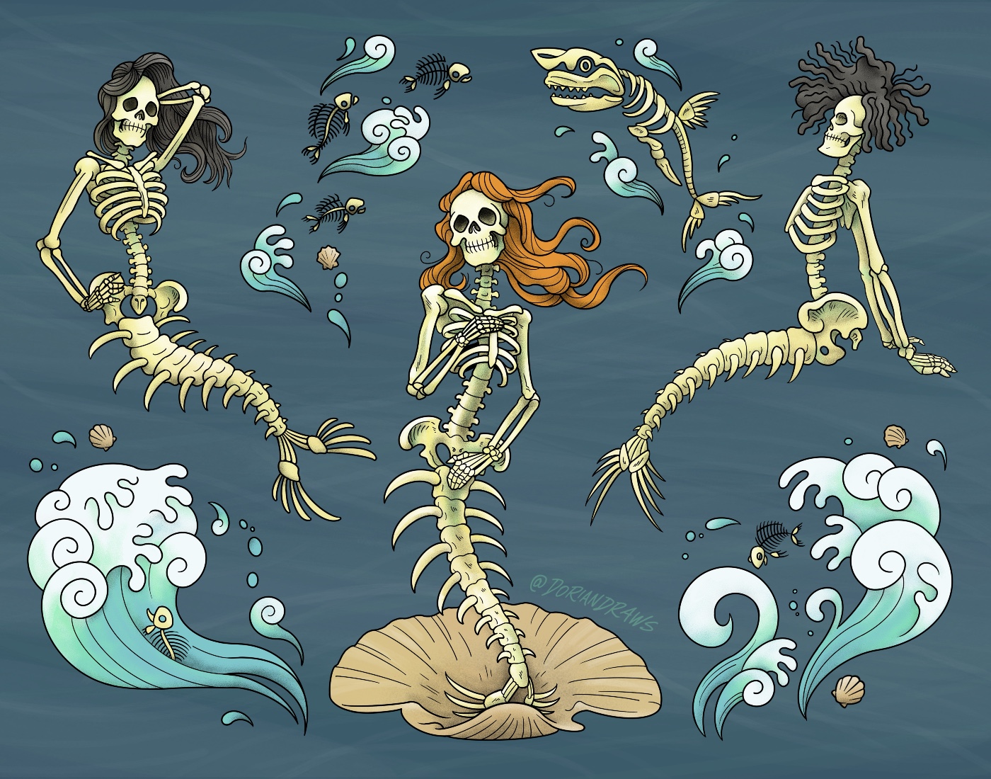 Mermaid skeleton tattoo flash designs