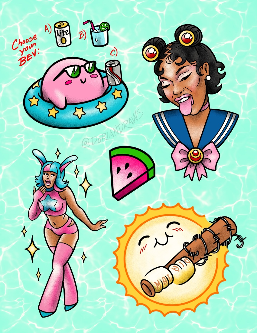 summery tattoo flash designs, featuring Megan Thee Stallion and Kirby. REAL HOT GIRL SH!T